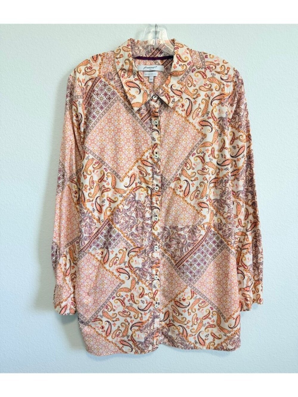 Foxcroft NYC Long Sleeve Button Up Patchwork Mixed Print Shirt Size 16W